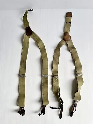 Pair Of Vintage Police Brace Suspenders Light Green With Brown Leather READ • $24.95