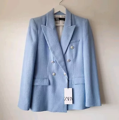 Zara NEW Textured Double Breasted Sky Blue Blazer Jacket Size M Medium 2410/649 • £59.99