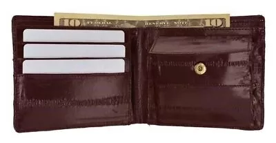 Mens Genuine Eel Skin Leather Bifold Credit Card Wallet With Coin Pouch Burgundy • $22.99