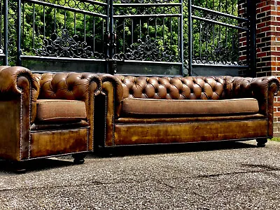 Vintage 1940’S Tufted Leather Chesterfield Sofa And Club Chair • $9850