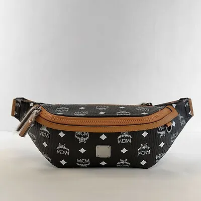 $560 MCM Black Visetos Coated Canvas White Logo Medium Belt Bag MMZBAFO02BV001 • $357.19