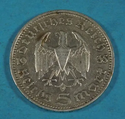 1935-d Third Reich GERMANY 5 MARK COIN -  EAGLE & HINDENBURG - SILVER • $22.95