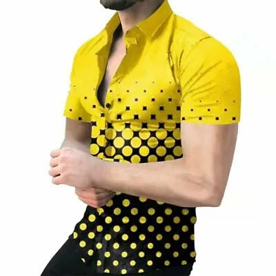 $25.86 • Buy ⭐⭐⭐Button Down Shirt Men Polka Dot Yellow Black Gradient Short Sleeve Casual Tee