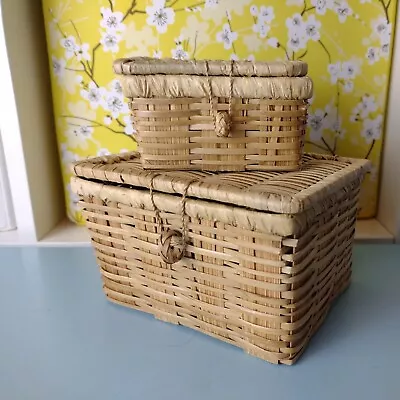£16.99 • Buy 2 Vintage Woven Wicker Bamboo Jewellery Boxes Storage Trinket Stacking Boho Tiki