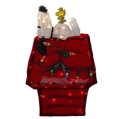 26  Pre-Lit Peanuts Snoopy & Woodstock Dog House Christmas Yard Art Decoration - • $75.59