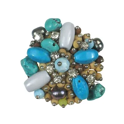 Brooch Beads Blue Wood Unsigned Pin Prong Set Rhinestones Round Circle • $19.99