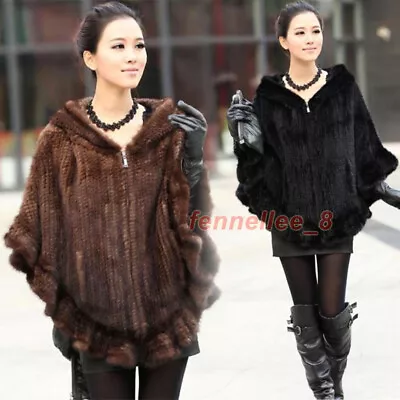 100% Mink Fur Hooded Zipper Shawl Coat Stole Wrap Scarf Cloak Cape Tops Warm New • $241.33