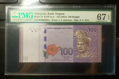 Malaysia Banknote Rm100 Pmg67epq Low Number Bq0000094 Zeti Gabenor • $118