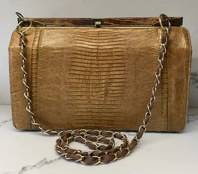 Vintage 1950-1960s Crocodile Lizard Framed Kelly Purse Bag Gold Shoulder Strap • $27.26