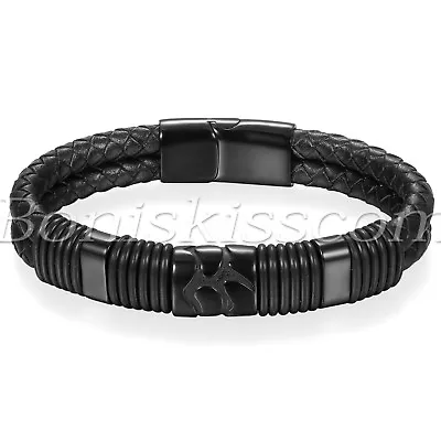 Men's Black Braided Leather Stainless Steel Magnetic Buckle Bracelet Bangle Cuff • $12.34