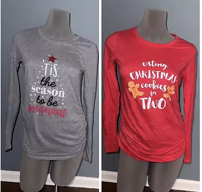 2 Motherhood Maternity Ruched Christmas Cookies Holiday L/S Top Shirts Lot Small • $24.99