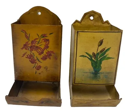 Lot Of 2 Vintage Farm House Tin Match Box Holder Primitive Rustic Flower Gold • $39.99