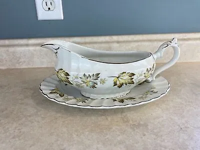 Myott White Ironstone Gravy Boat Set White W/Yellow Brown Leaves • $14.39