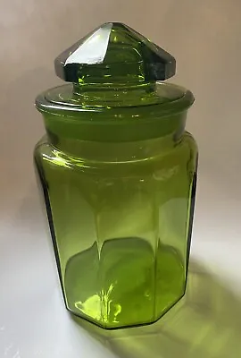 Vintage LE Smith Green Glass Paneled Canister Apothecary Jar W/ Lid  10”tall • $27.50