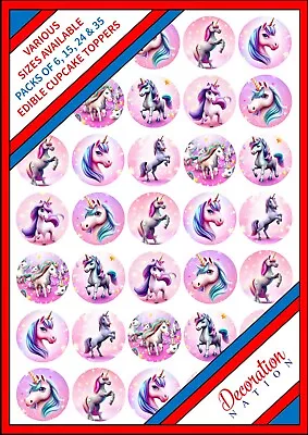 35 X Unicorn Pink Mix Edible Wafer Cupcake Cake Toppers 6 15 24 Magical Stars • £3.49