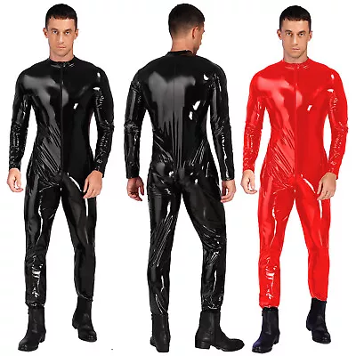 US Men Zipper Crotch Jumpsuit Patent Leather Long Sleeve Bodysuit Club Underwear • $8.09