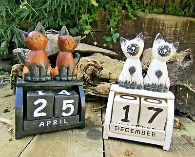 £12.99 • Buy Hand Carved Made Wooden Animal Cat Perpetual Blocks Desk Calendar Fair Trade