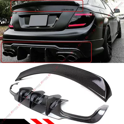 For 12-14 W204 C63 Amg Big Shark Fin Carbon Fiber Bumper Diffuser+ Trunk Spoiler • $424.99