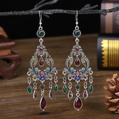 4.5 Inch Retro Silver Long Multi Drop Crystal Tassel Chandelier Hook Earrings • $11.96