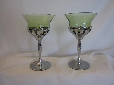 2 Cambridge Farberware Wine Glasses 5 3/4 Art Deco Chrome Green Glass Insert • $22