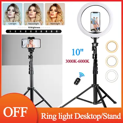 $29.99 • Buy 10 LED Ring Light 6000K 3 Colour Dimmable Stand Tripod Phone Holder Studio Video