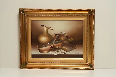 Vintage Still Life With Violin Oil Painting 1987 • $70