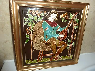 Framed 20.3cm Square Maw &co Medieval Sitting Musican Playing Lute Tubeline Tile • £32