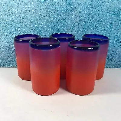 Mexican Hand Blown Blue Purple Orange Ombre Colored Glass Cup Goblet Set Of 5 • $39.99