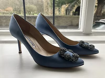 Manolo Blahnik 38.5 Mid Blue Hangisi 70 Worn Once! Bargain Buy! • £330