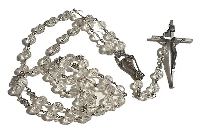 Vintage Deco 23  Silver Plate Faceted Austrian Crystal Catholic Rosary Beads Set • $10.33