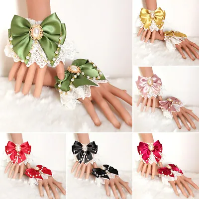 Women Lolita Hand Wrist Cuffs Bowknot Lace Trim Maid Cosplay Accessories • $7.31