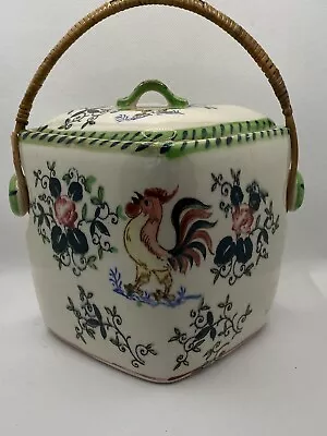 Vintage Ceramic Biscuit Cookie Jar Rooster Flowers GreenPinKYellow Bamboo Handle • $36.99