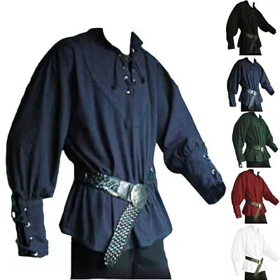 Mens Pirate Medieval Renaissance Tunic Shirt Cosplay Viking Knight Warrior Tops • £19.75