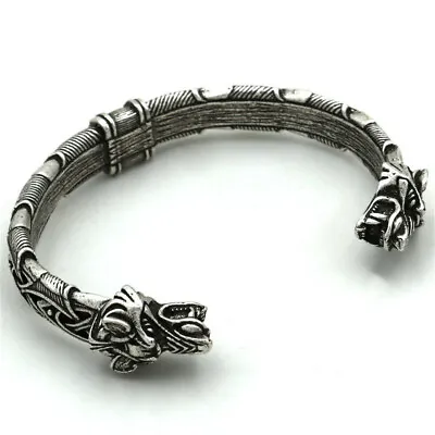 Men's Norse Viking Alloy Wolf Head Cuff Bracelet Bangle Amulet Jewelry Arm Ring • $10.43