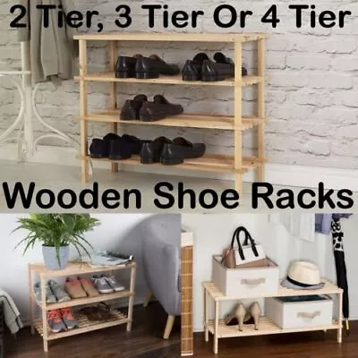 £12.90 • Buy 2,3,4 Tier Wooden Slatted Shoe Rack Shoe Stand Space Saving Shoe Storage Shelves