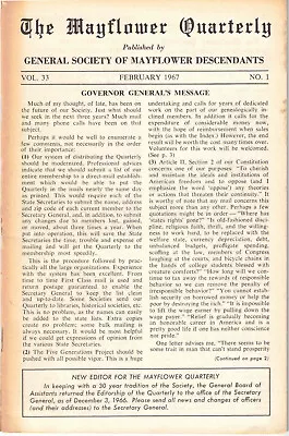 General Society Of Mayflower / Mayflower Quarterly Vol 33 No 1 February 1967 • $17