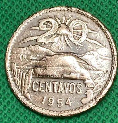 Mexico 20 Centavos 1954 Coin Teotihuacan/ Bird Coat Of Arms • $1.95