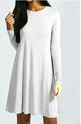 Womens Ladies Long Sleeve Swing Skater A Line Top Flared Swing Dress Sizes 8-26. • £10.99