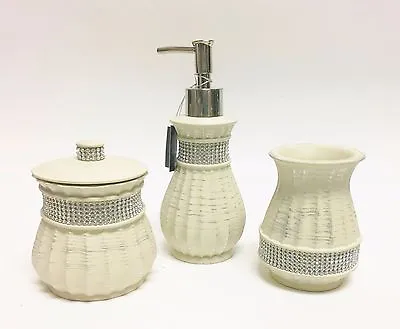 Nicole Miller 3 Pc Resin Beige+silverclear Crystal Soap Dispenserjar.tumbler • $109.99