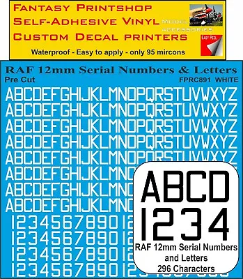 RC Vinyl Sticker Decals  RAF LETTERS NUMBERS 12MM PRE CUT FPRC891 WHITE GLOSS • £6.95