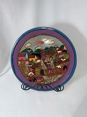 VTG Mexican Folk Art Hand Painted Pottery Plate Decor Wall Hanging 11” Vibrant • $15.99