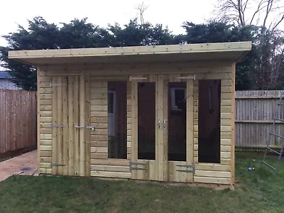 14 X 8ft Wooden Garden Summer House Flat Roof Shed Double Doors With 2ft Canopy • £2679.60