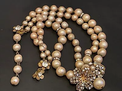 Vintage DeMARIO NY Faux Baroque Pearl Rhinestone Double Strand Nesting Necklace • $99.99