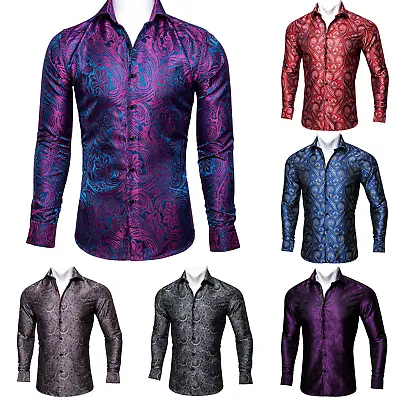 Mens Casual Shirts Silk Long Sleeve Shirt Collar Jacket Top Button Dress Shirt L • £19.99