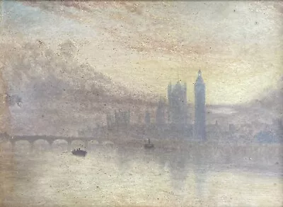 Antique Original Oil Painting Houses Of Parliament London In The Mist • £283