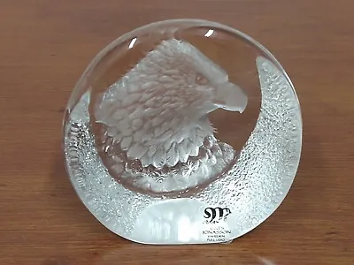 Mats Jonasson AMERICAN EAGLE Sweden Signed Frosted Glass Round PAPERWEIGHT Label • $18.78
