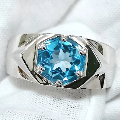 Genuine Blue Topaz Men Ring 6-prong 925 Silver 7.5mm Round December Birthstone • £33.59