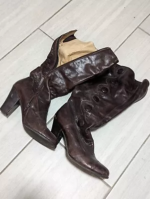 Miz Mooz Brown Leather Mid Calf Boots Button Accents High Heel Size 10 • $49.99