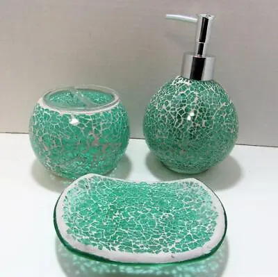 Modern Glass Bath 3 Piece Set BUBBLES Mosaic Art In Aqua Lotion Dish Toothbrush • £67.45