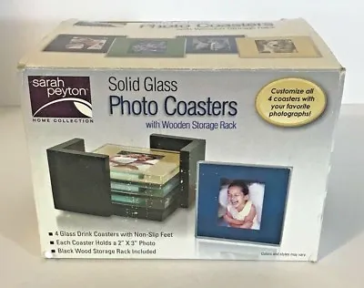 Solid Glass Photo Coasters With Wooden Storage Rack 4 Glass Drink Coasters 2 X 3 • $9.75